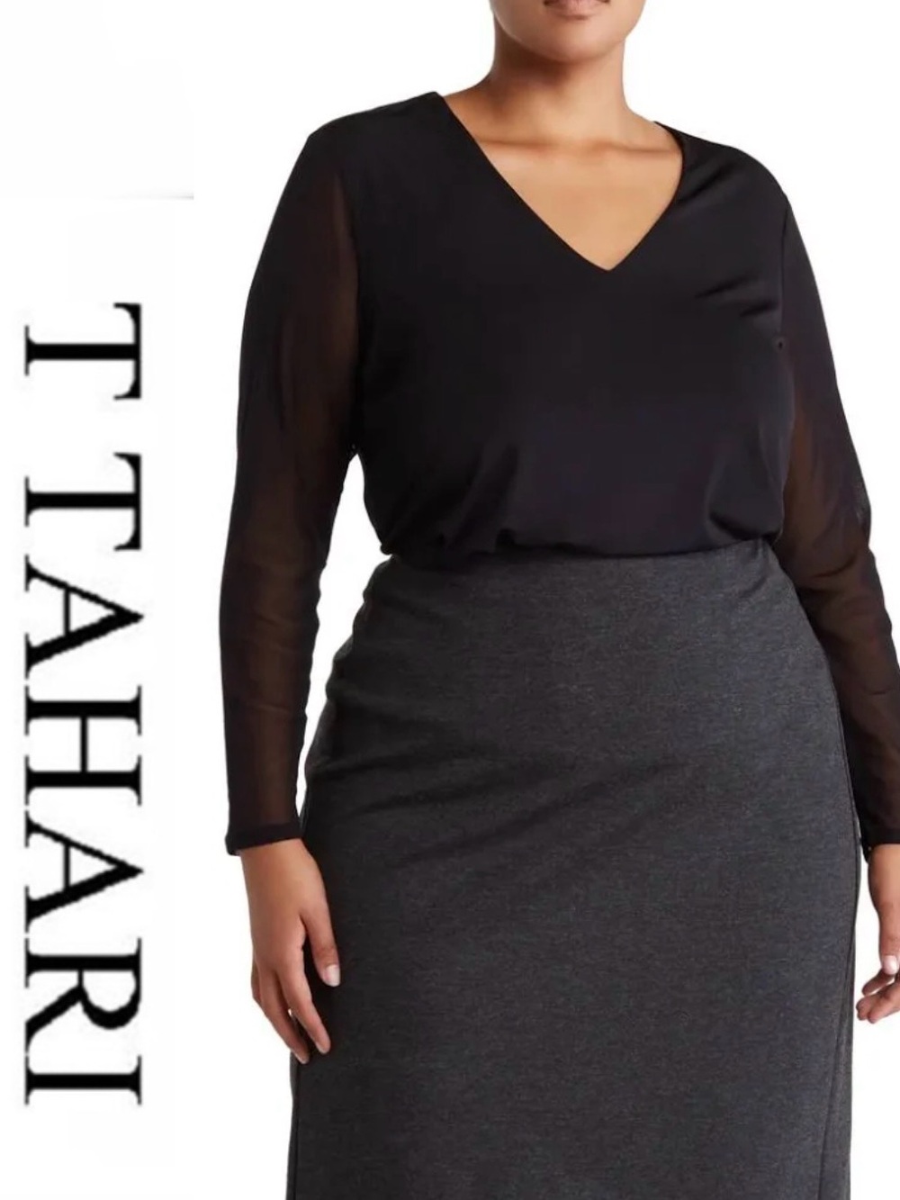 T-Tahari V-Neck Illusion Sleeve Blouse 2X